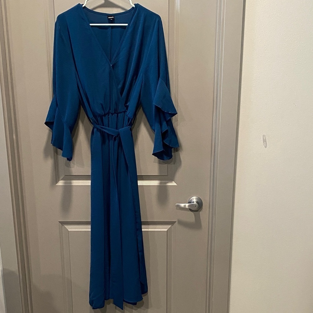 Deep Teal Wrap Midi Dress 2XL Wedding Guest Ruffle Sleeve Dress - Picture 2 of 11
